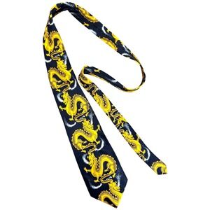 VTG Kai Long Mens Navy Blue Yellow Dragon Print 100% Silk Hand Made Necktie Tie